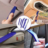 A set of purple auto trim removal tools and a storage bag being used on a car interior panel.