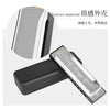 A black harmonica with a silver body and ten holes is shown next to an inset highlighting its texture material.