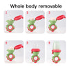Six steps showing the removable parts of a rotating silicone baby fruit feeder with a dinosaur design