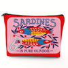 Pochette à fermeture éclair rouge avec illustration vintage de sardines à l'huile d'olive sur fond rose