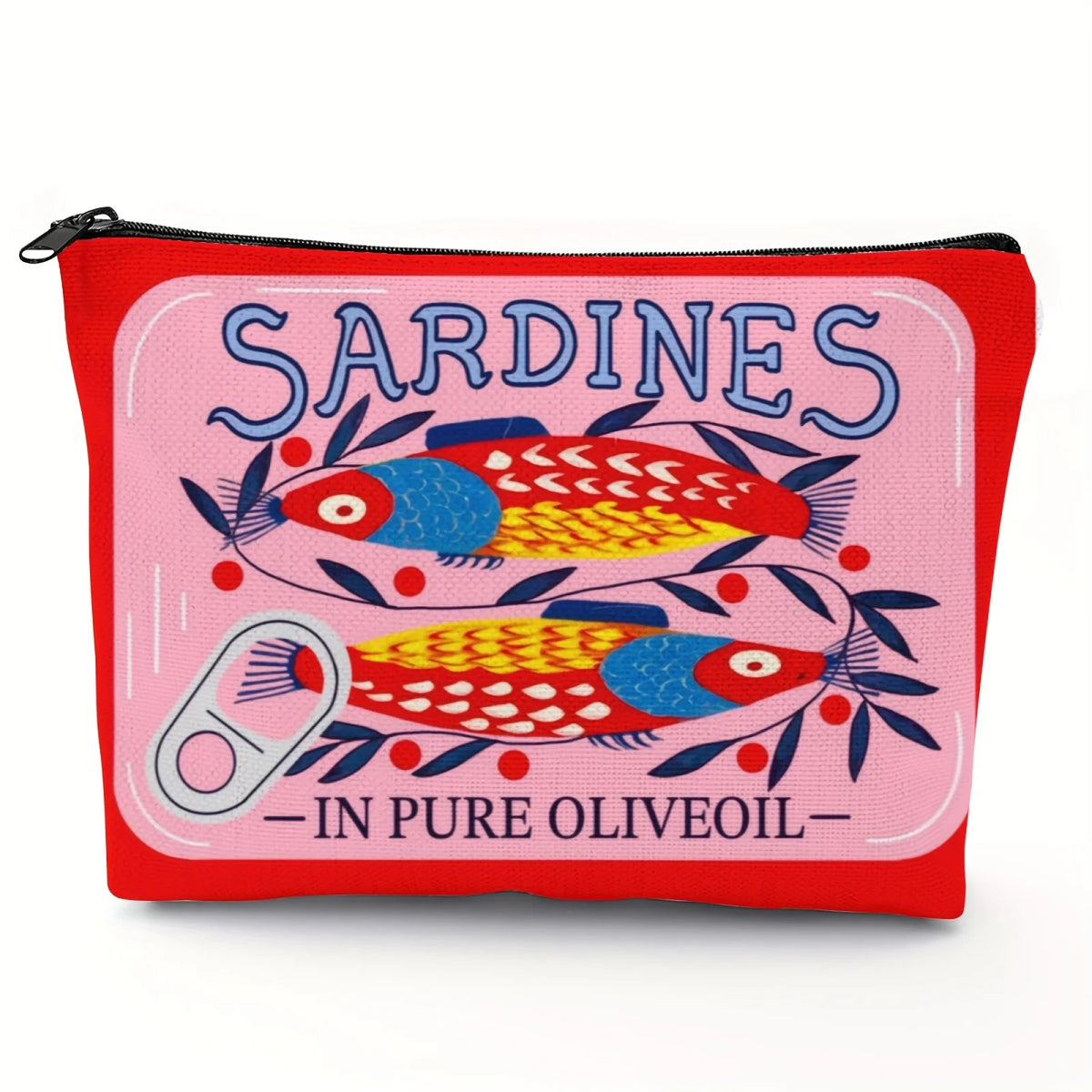 Pochette à fermeture éclair rouge avec illustration vintage de sardines à l'huile d'olive sur fond rose