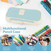 A light blue multifunctional pencil case shown with various tools and accessories for organization.