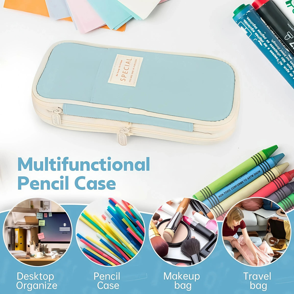 A light blue multifunctional pencil case shown with various tools and accessories for organization.