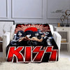 A black and red printed flannel throw blanket featuring the Kiss band logo and imagery.