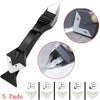 A black multi-purpose caulking and sealing tool kit with five pads shown in various angles.