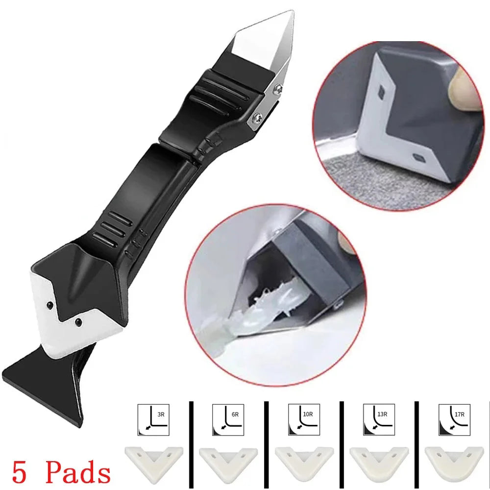 A black multi-purpose caulking and sealing tool kit with five pads shown in various angles.