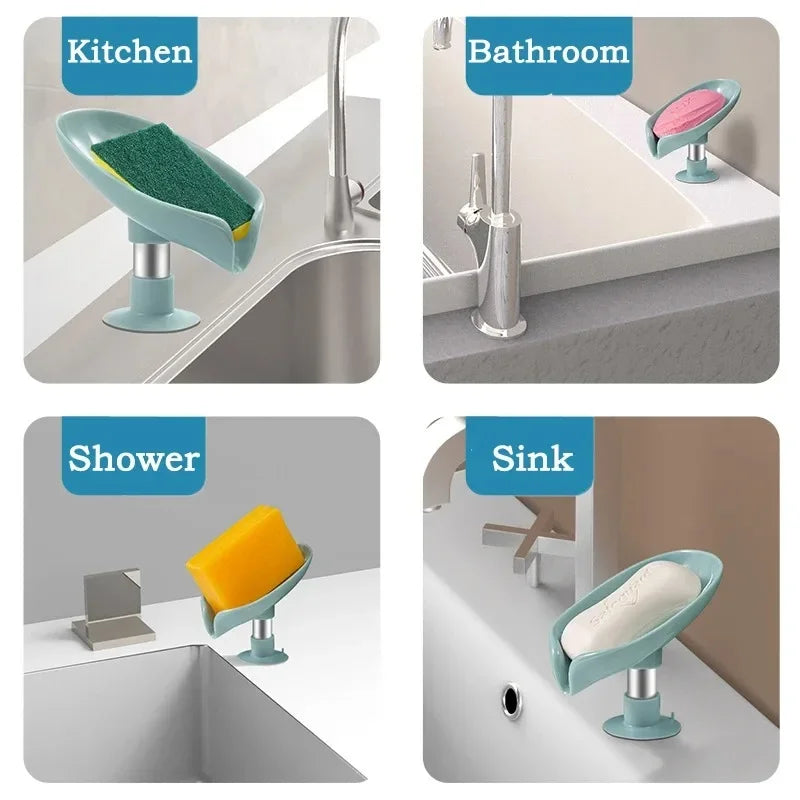 Various leaf-shaped suction cup soap dishes and draining trays used in kitchen, bathroom, shower, and sink areas.