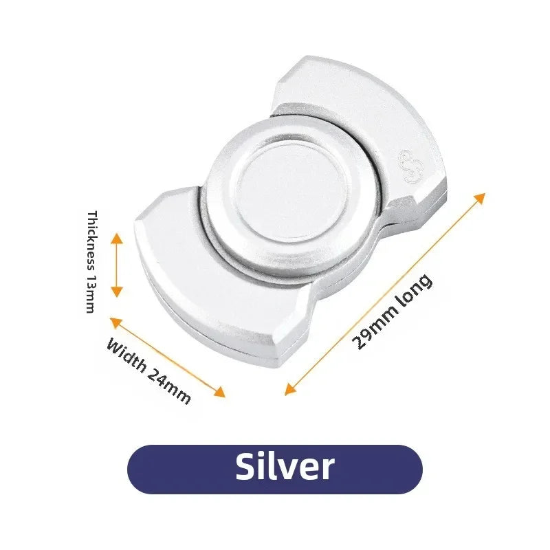 Silver stainless steel fidget spinner and slider with dimensions 29mm long, 24mm wide, and 13mm thick.
