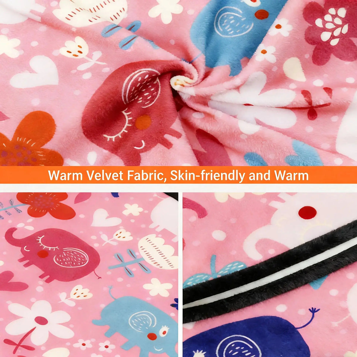 Close-up of pink and blue floral velvet fabric showing various animal patterns for a kids winter balaclava mask