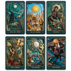 A collection of five tarot cards including Five of Cups, Six of Wands, Death, The Tower, The Moon, and The Fool.