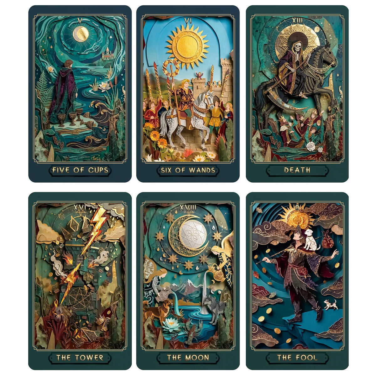 A collection of five tarot cards including Five of Cups, Six of Wands, Death, The Tower, The Moon, and The Fool.