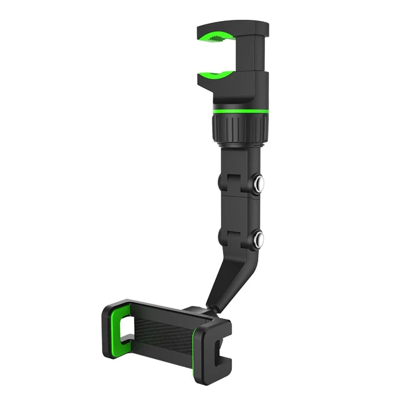 A black 360° rotating car rearview mirror phone holder with a green accent.