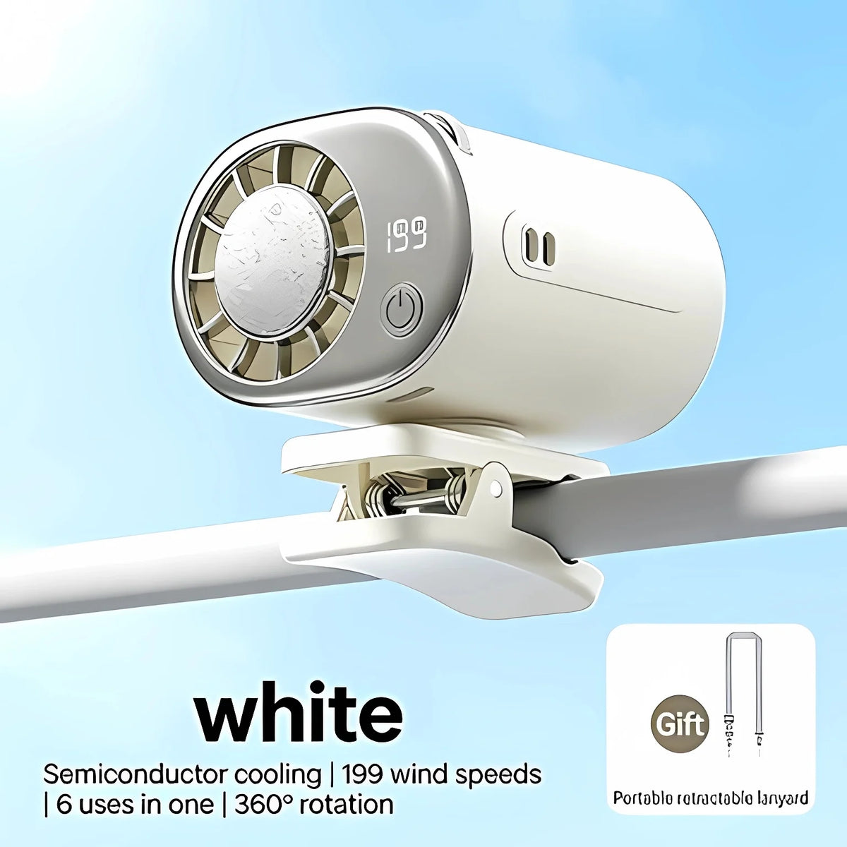 A white semiconductor cooling fan is shown mounted on a white bar, highlighting its features like 199 wind speeds and 6 uses 