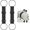 A pair of black adjustable luggage connector straps with metal loops and plastic buckles shown next to a white suitcase.