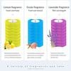 Three colorful disposable toilet brush refills in lemon, ocean blue, and lavender shades.
