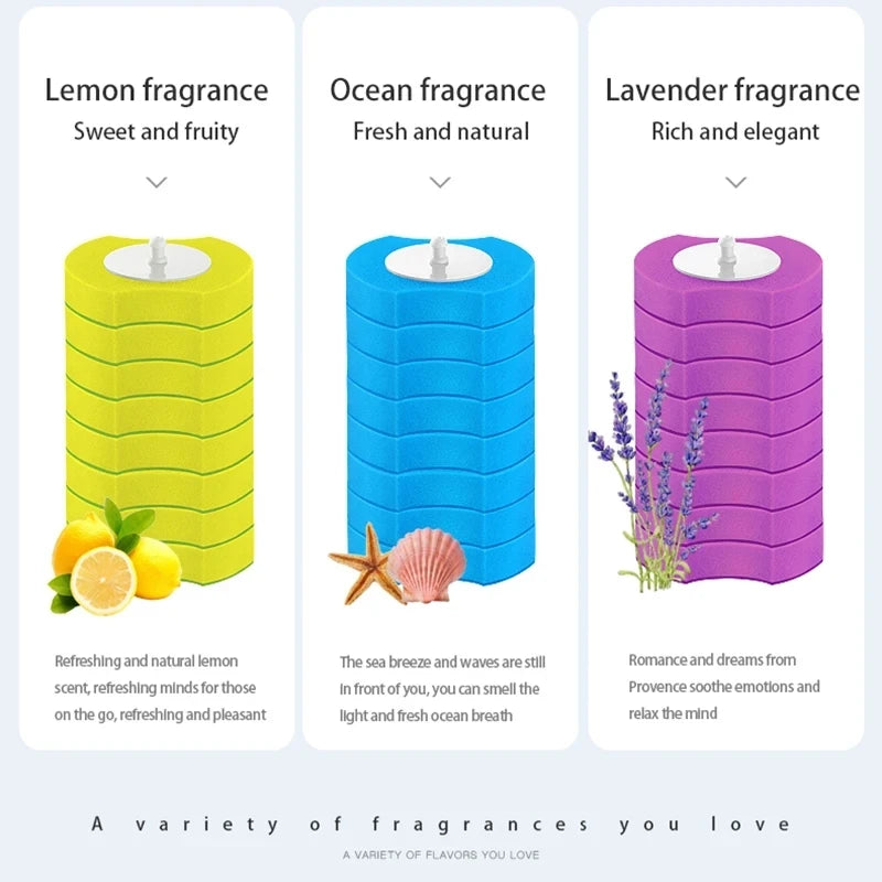 Three colorful disposable toilet brush refills in lemon, ocean blue, and lavender shades.