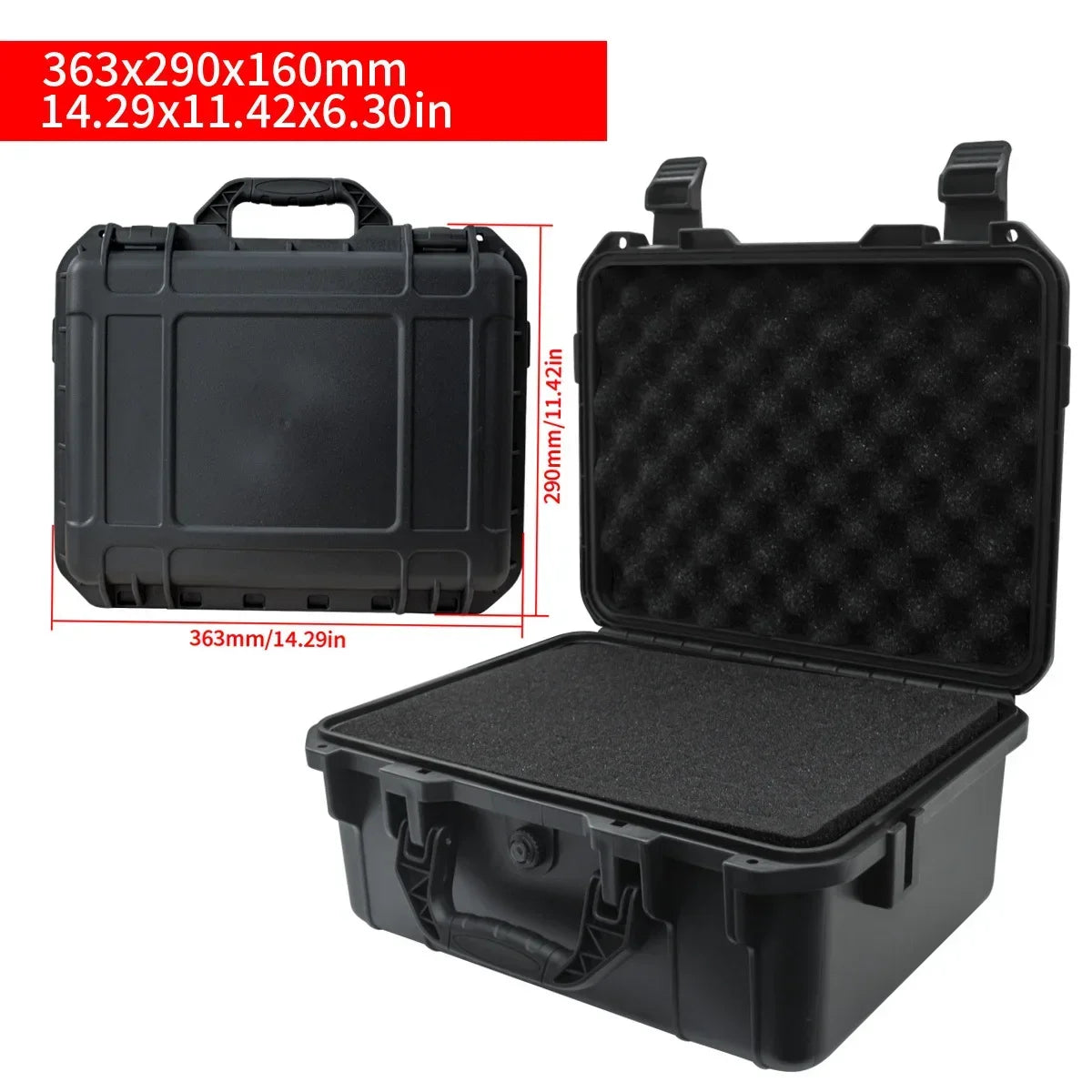 Black portable hard shell toolbox with a customizable foam insert shown in various dimensions.