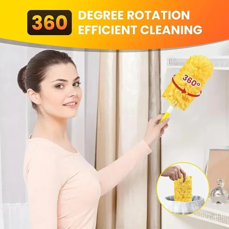 A woman is using a yellow 360 degree rotation cleaning duster on a window, demonstrating efficient cleaning.