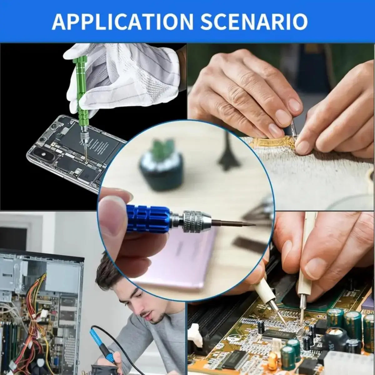 Application scenario showing various tools and components for electronics, jewelry, and eyeglass repair.