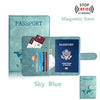Porta-pasaporte magnético azul cielo con función de bloqueo RFID y advertencia magnética para objetos.