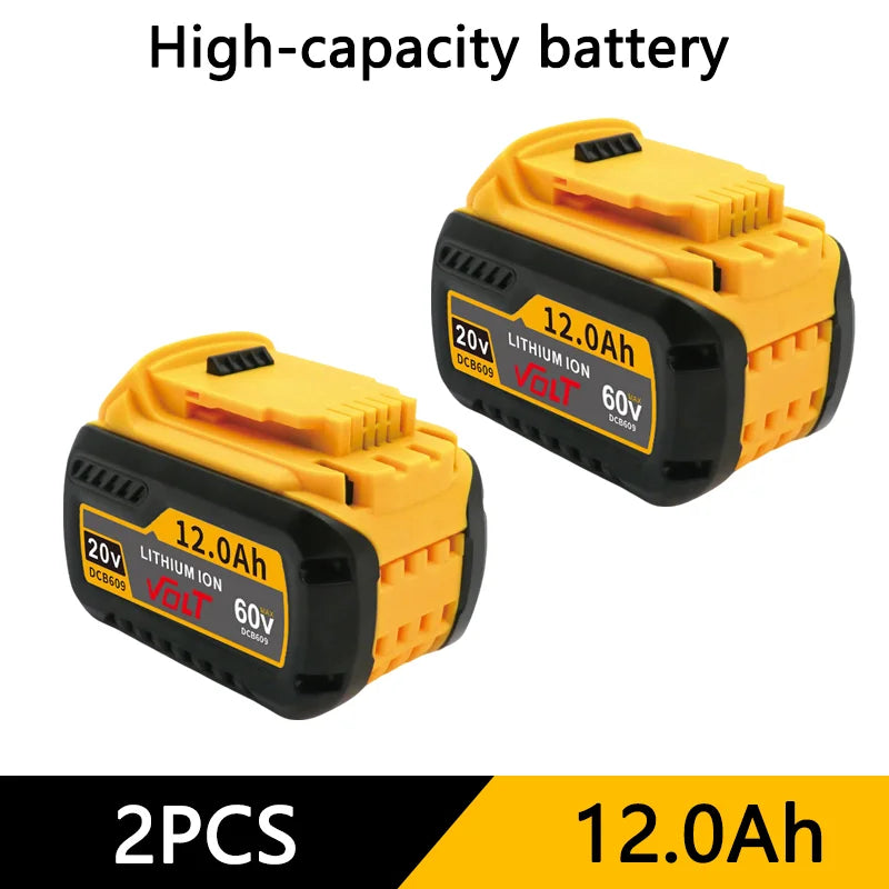 Two yellow lithium-ion batteries labeled 12.0Ah 60V for power tools.