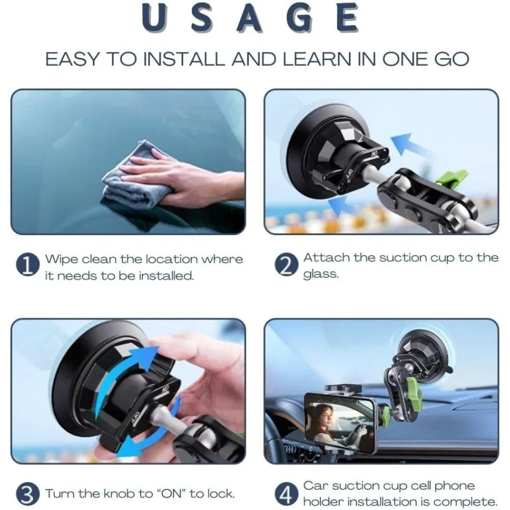 Instructions showing how to install a suction cup phone mount for a car windshield using a suction cup and a knob.