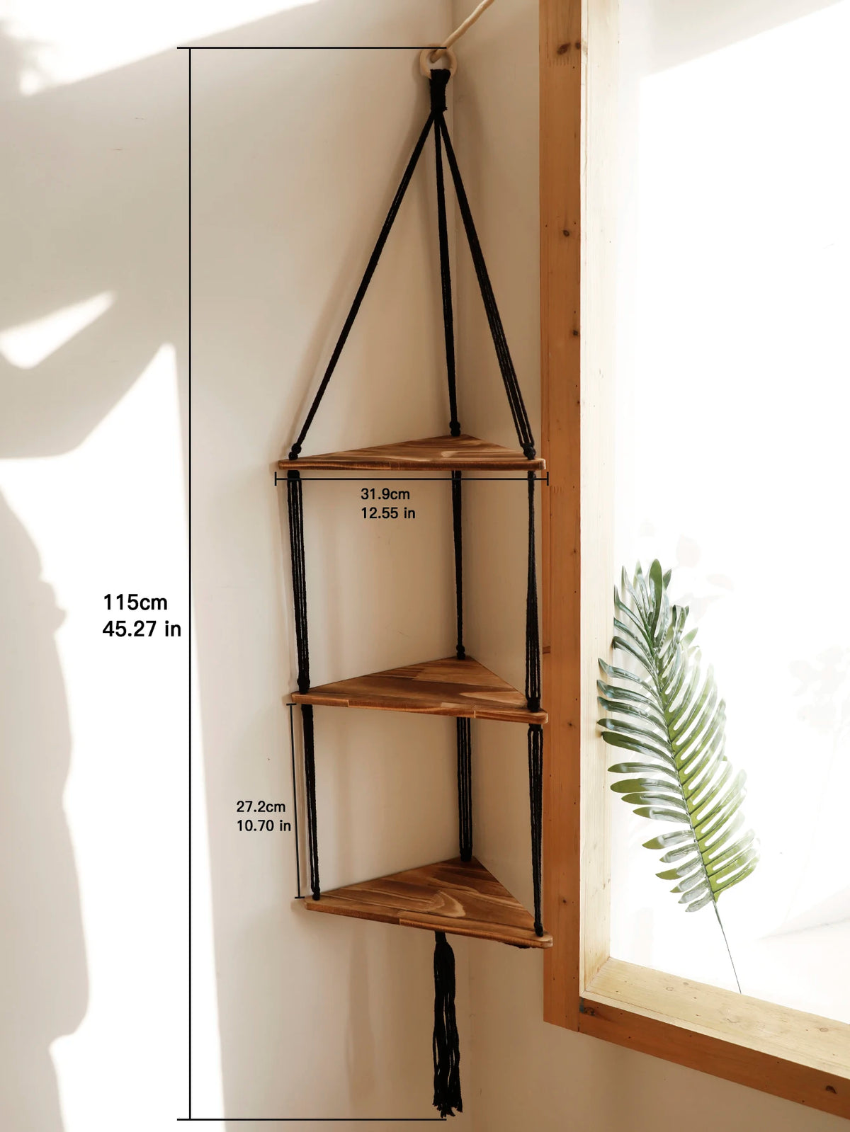 Triangle Wood Floating Wall Shelf with Macrame Rope