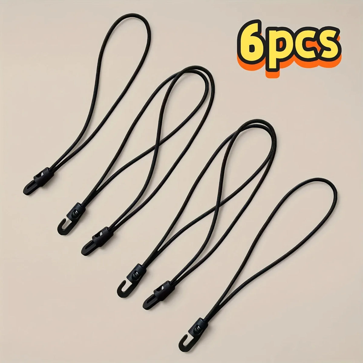 Six black heavy-duty elastic tie-down straps with hooks displayed on a light background.