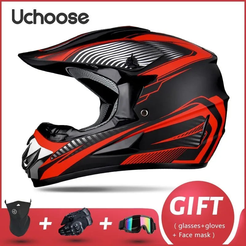 Black and red Uchoose full-face off-road helmet shown with accessories like glasses, gloves, and a face mask