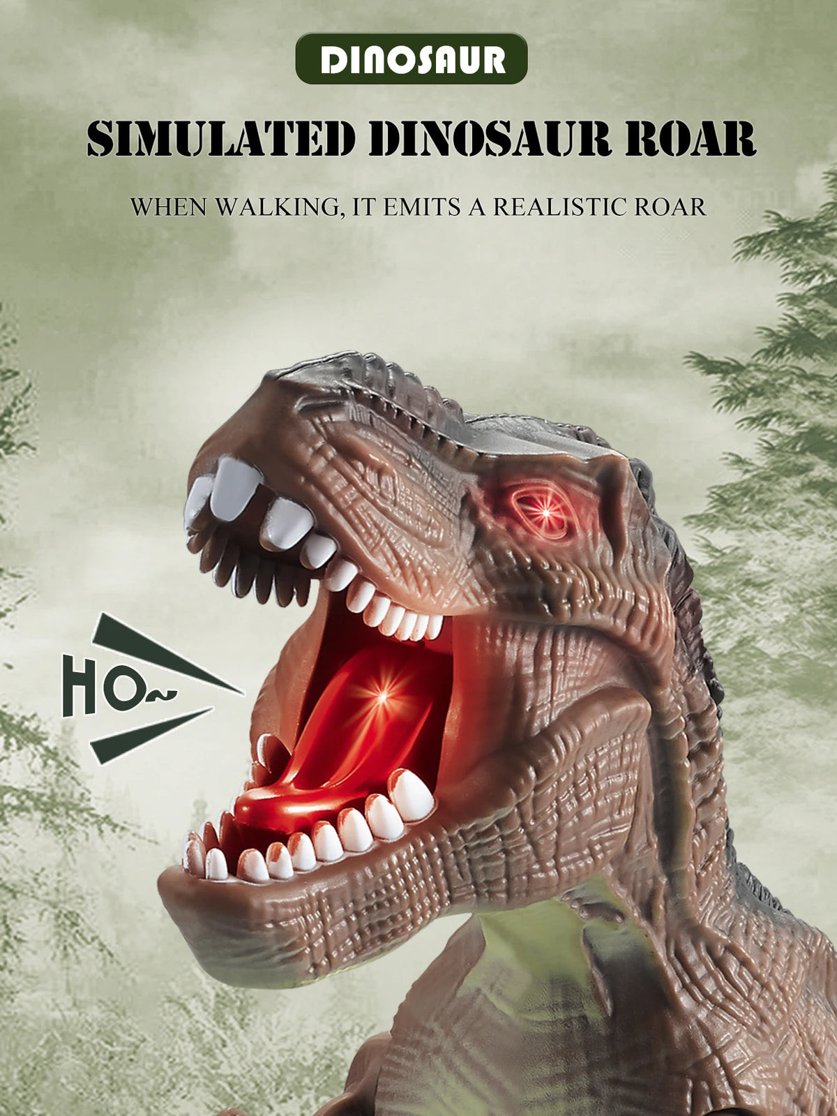 A close-up of a simulated dinosaur roar from a remote control toy T-Rex, showing its mouth wide open and teeth visible.