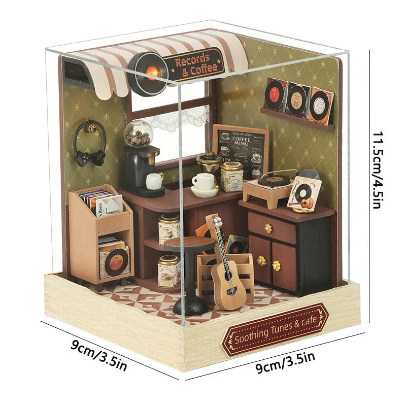 A DIY miniature Japanese sakura tea house wooden kit featuring a detailed interior with various items and an LED light.