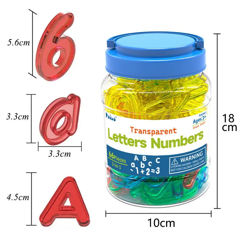 A set of transparent letters and numbers in various colors for sensory learning.