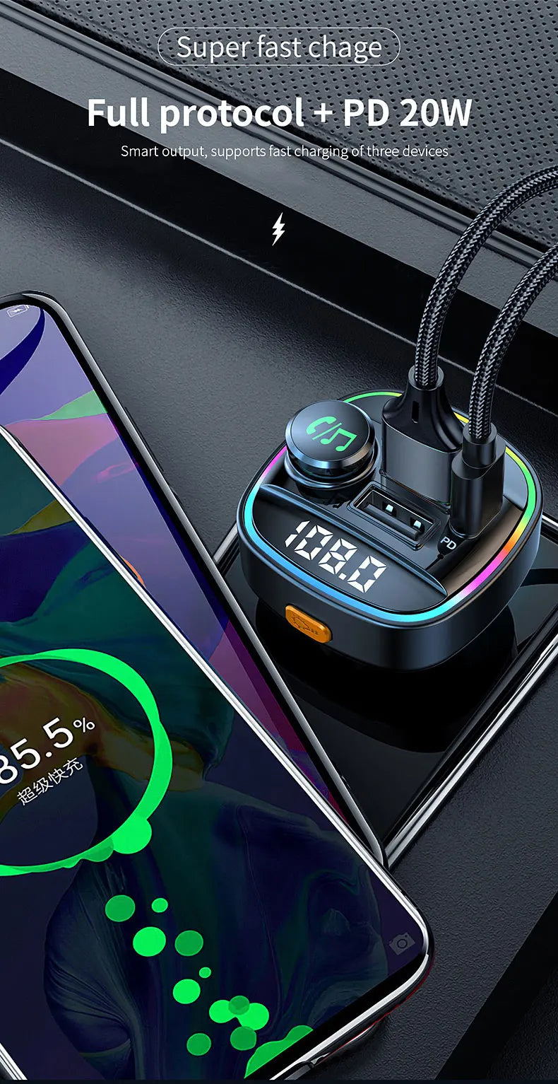 Bluetooth FM Transmitter with 22.5W Fast Charging Car Adapter
