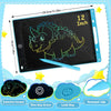 A black LCD writing tablet for kids with a dinosaur design and buttons for erase, lock, and a rounded nib.