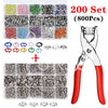 A set of 200 metal snap buttons in various colors and styles with a pair of pliers shown for use