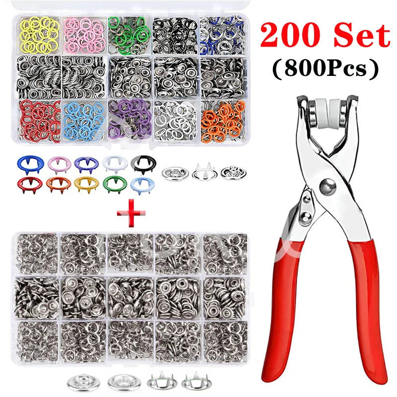 A set of 200 metal snap buttons in various colors and styles with a pair of pliers shown for use