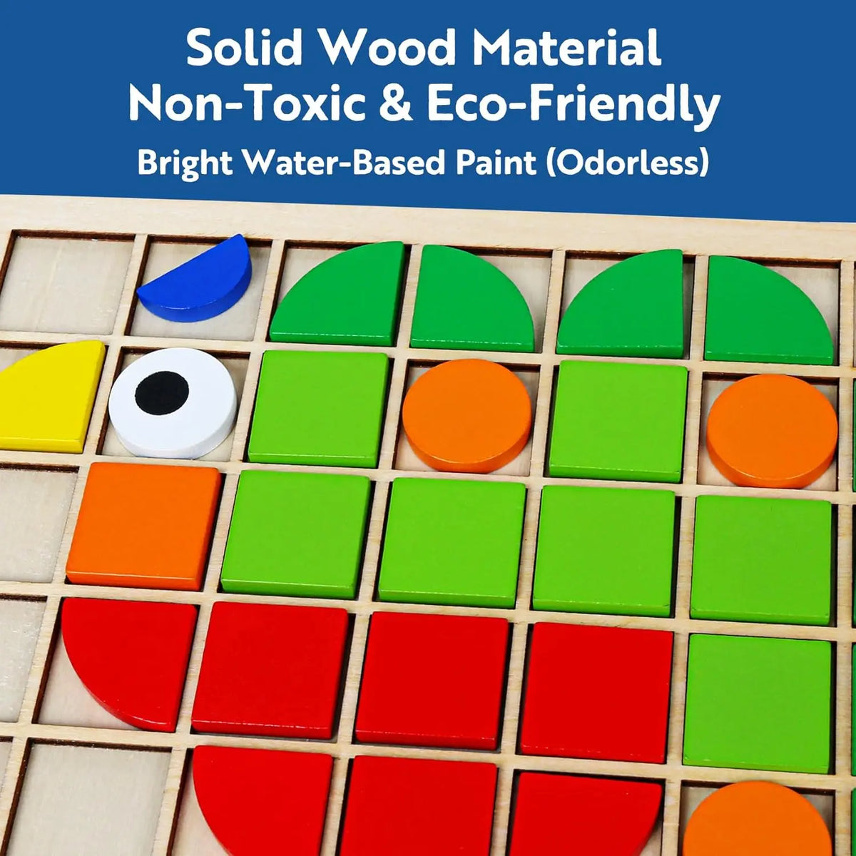 A wooden Montessori shape puzzle set featuring bright, non-toxic, water-based paint in various colors like blue, green, orang