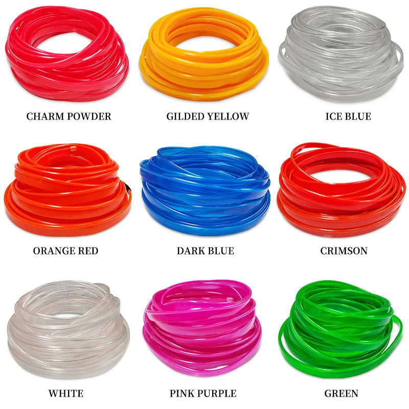 A collection of flexible USB LED neon strips in various colors including charm powder, gilded yellow, ice blue, orange red, d