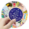 A hand holds a circular sticker pack featuring various inspirational Bible verses and Christian decals.