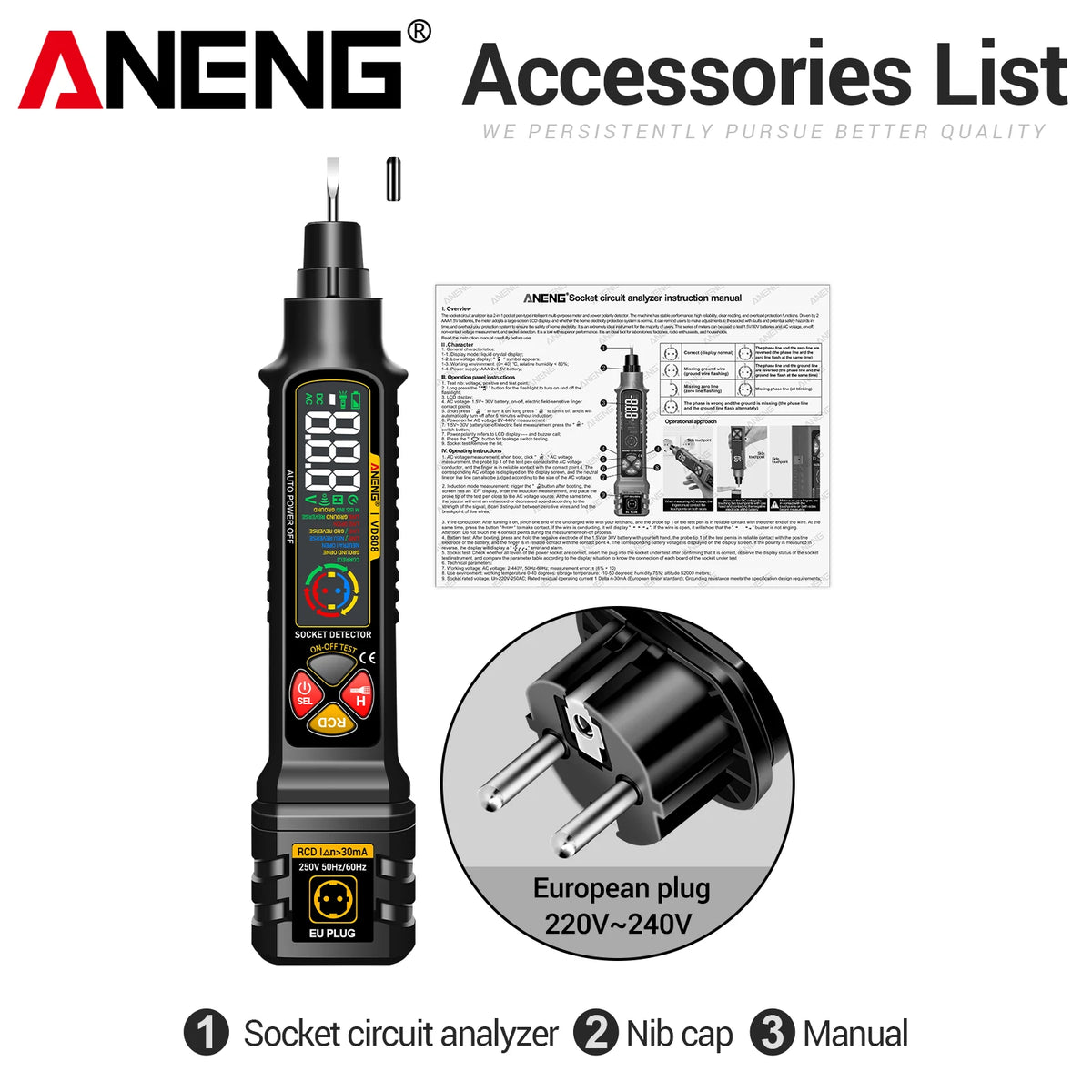 Socket Tester with AC/DC Voltage Detection and Polarity Check