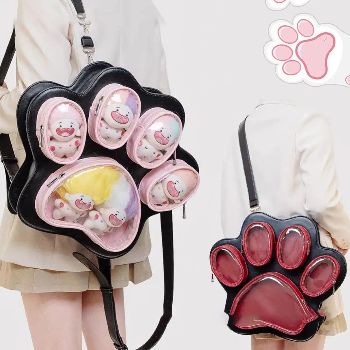 A black cat paw print backpack with multiple pink pockets and a large paw print design.