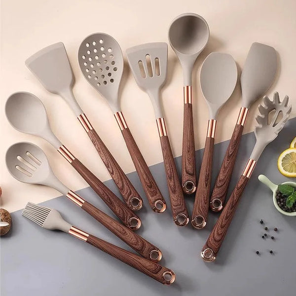 Ensemble d'Ustensiles de Cuisine en Silicone à Motif Bois