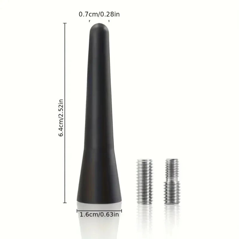 A black compact universal car radio antenna with adapter screws shown in a vertical view.