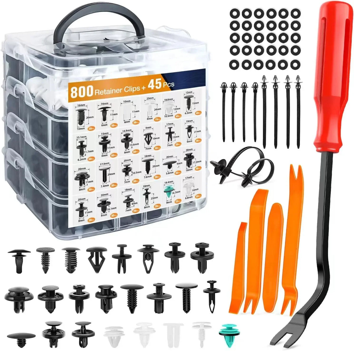 A clear plastic box containing 800 retainer clips and 45 pieces of fasteners for automotive use.