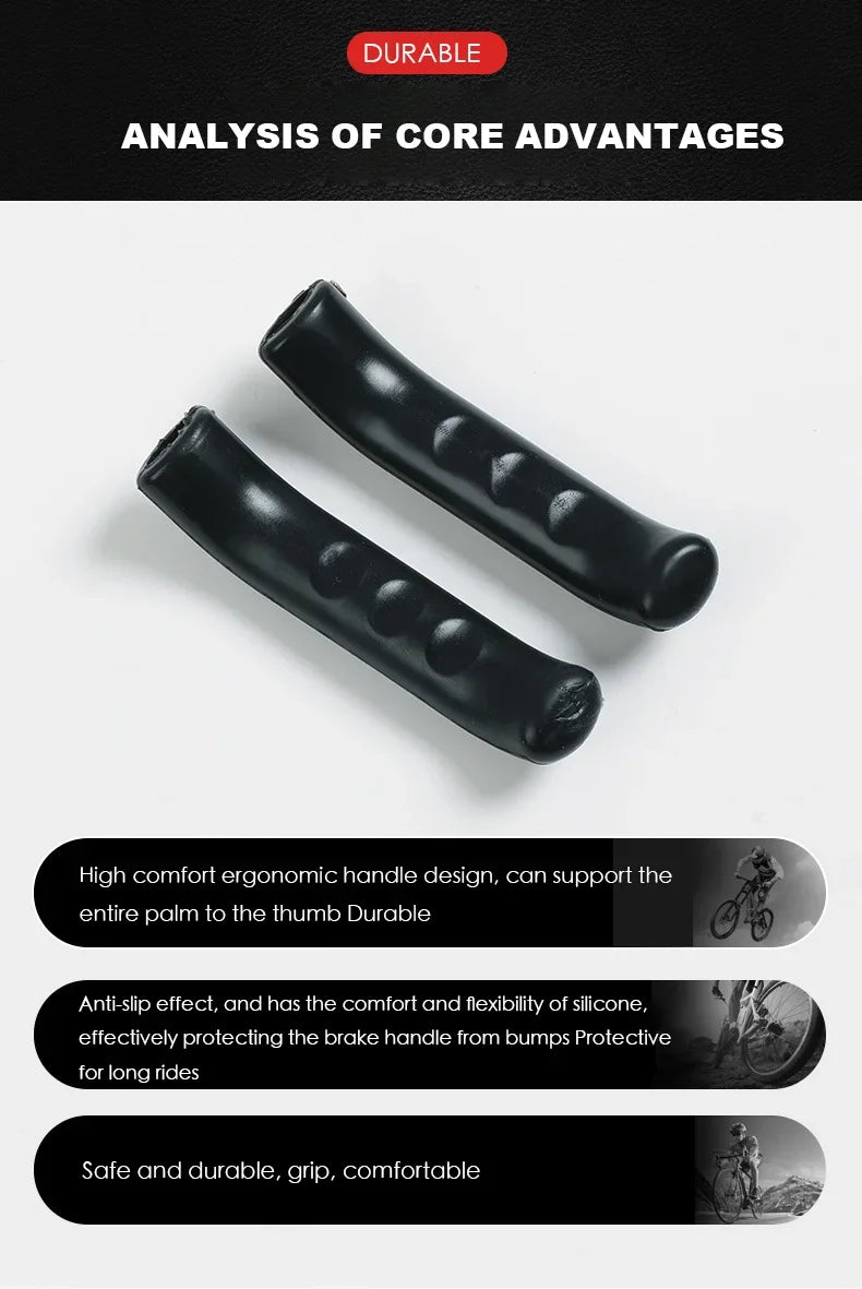 A pair of black silicone bicycle brake lever covers shown with text highlighting durability and comfort.