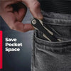A hand is shown inserting an aluminum key clip with a carabiner hook into a pocket of jeans.