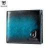 A dark teal genuine leather bifold wallet featuring a silver bull head emblem.