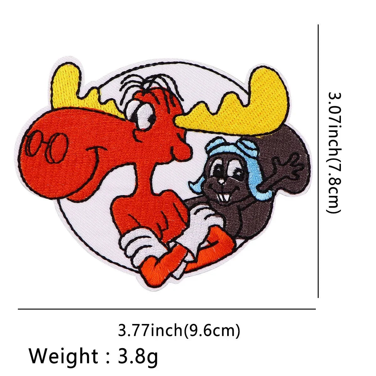 An embroidered patch featuring a red dragon head with yellow horns and a black bat-like figure wearing a blue headband.