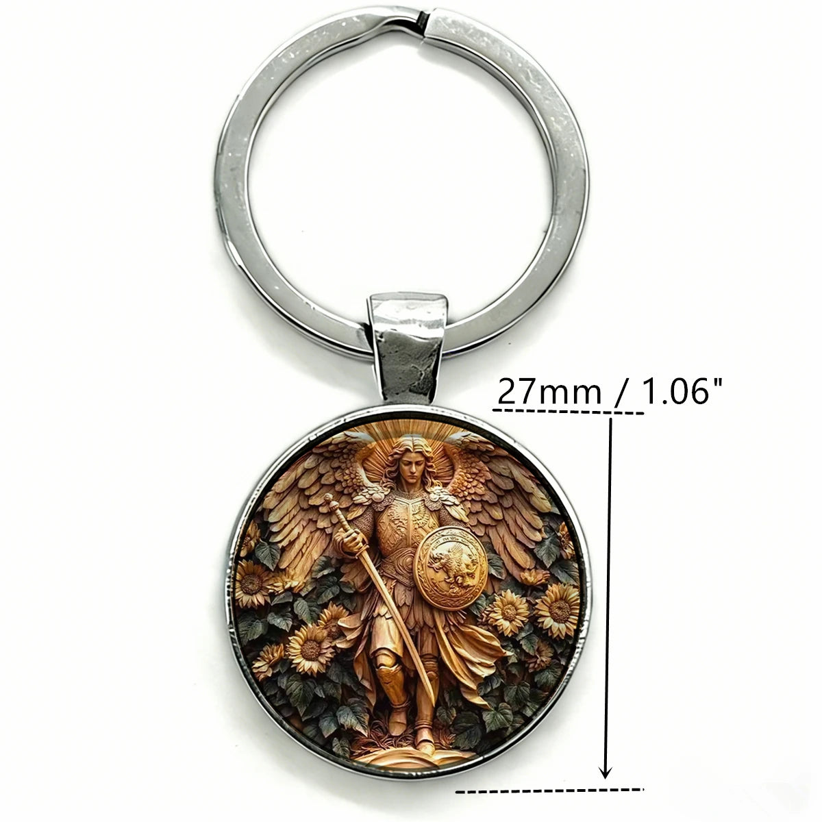 Silver key chain featuring a round medallion depicting the Saint Michael Archangel