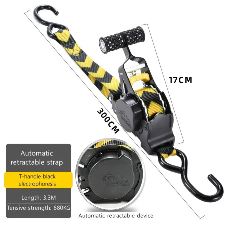 Black and yellow automatic retractable strap device with a T-handle for electrophoresis.